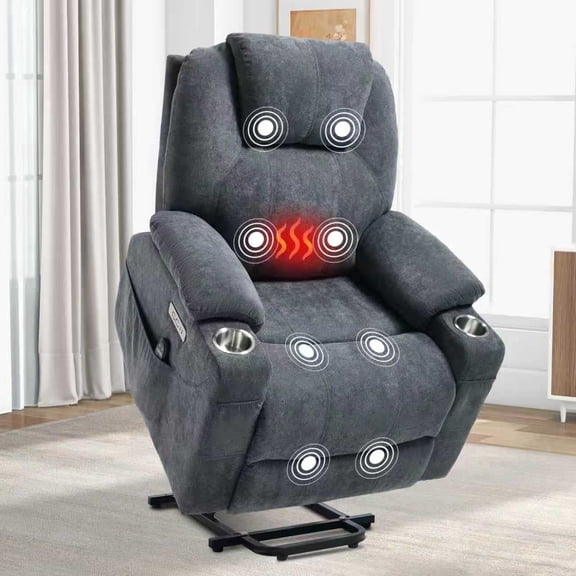 Trustyue Power Lift Recliner Chair for Elderly Adults, Heavy Duty Electric Lift Chair Recliner with Massage & Heat, Cup Holder & USB Ports, Oversized Recliner (Linen Fabric, Gray)