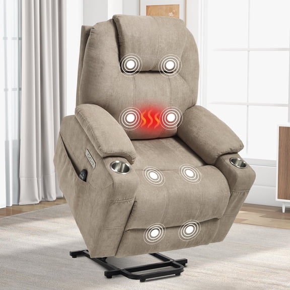 Trustyue Power Lift Recliner Chair for Elderly Adults, Heavy Duty Electric Lift Chair Recliner with Massage & Heat, Cup Holder & USB Ports, Oversized Recliner (Linen Fabric, Khaki)
