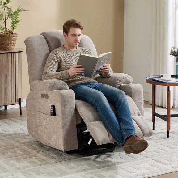 Trustyue Power Lift Recliner Chair for Elderly with Massage & Heat, Oversized Wide Recliners, Heavy Duty Electric Recliner with USB & Type-C Ports & Cup Holders, Chenille Fabric (Khaki)