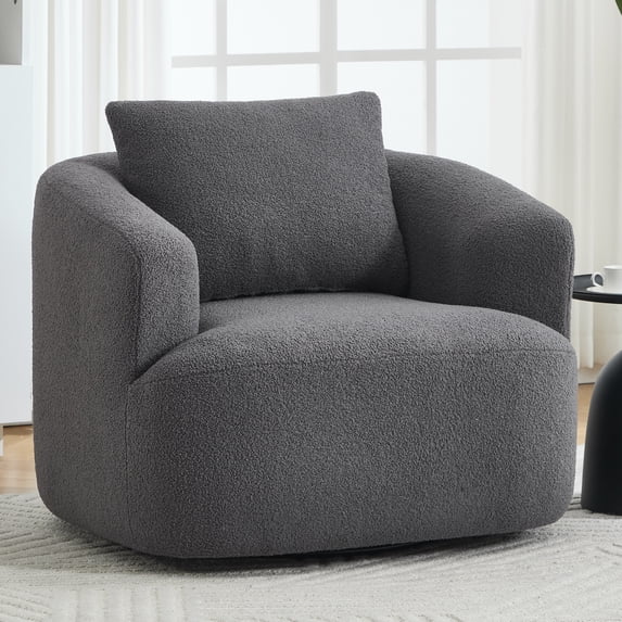 Trustyue Swivel Accent Chair Modern Round Barrel Chair, Soft Teddy Fleece Fabric Swivel Chair for Living Room, 360 Rotating Small Space Comfort Reading Chair, No Tools Assembly (Dark Grey )
