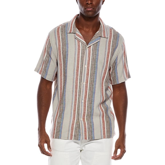 Truth mens  Camp Collar Linen-Blend Stripe Shirt, l