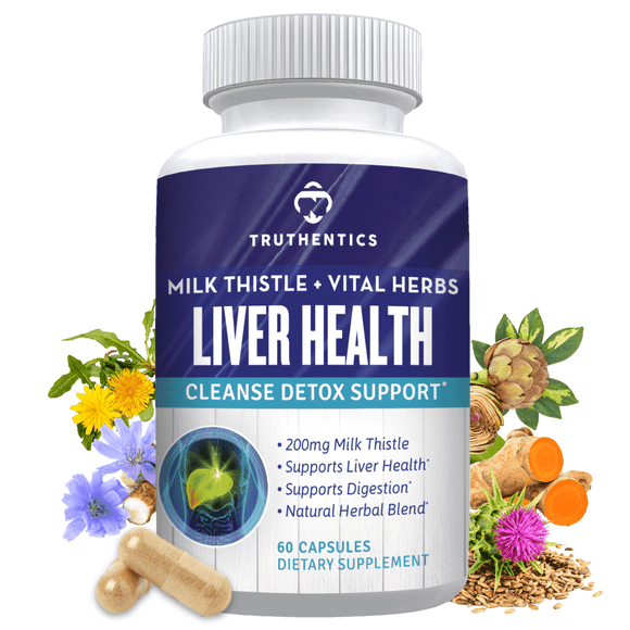 Truthentics Liver Health Support Supplement - Milk Thistle, Artichoke Extract, Dandelion, Turmeric - Detox & Cleanse - 60 Capsules