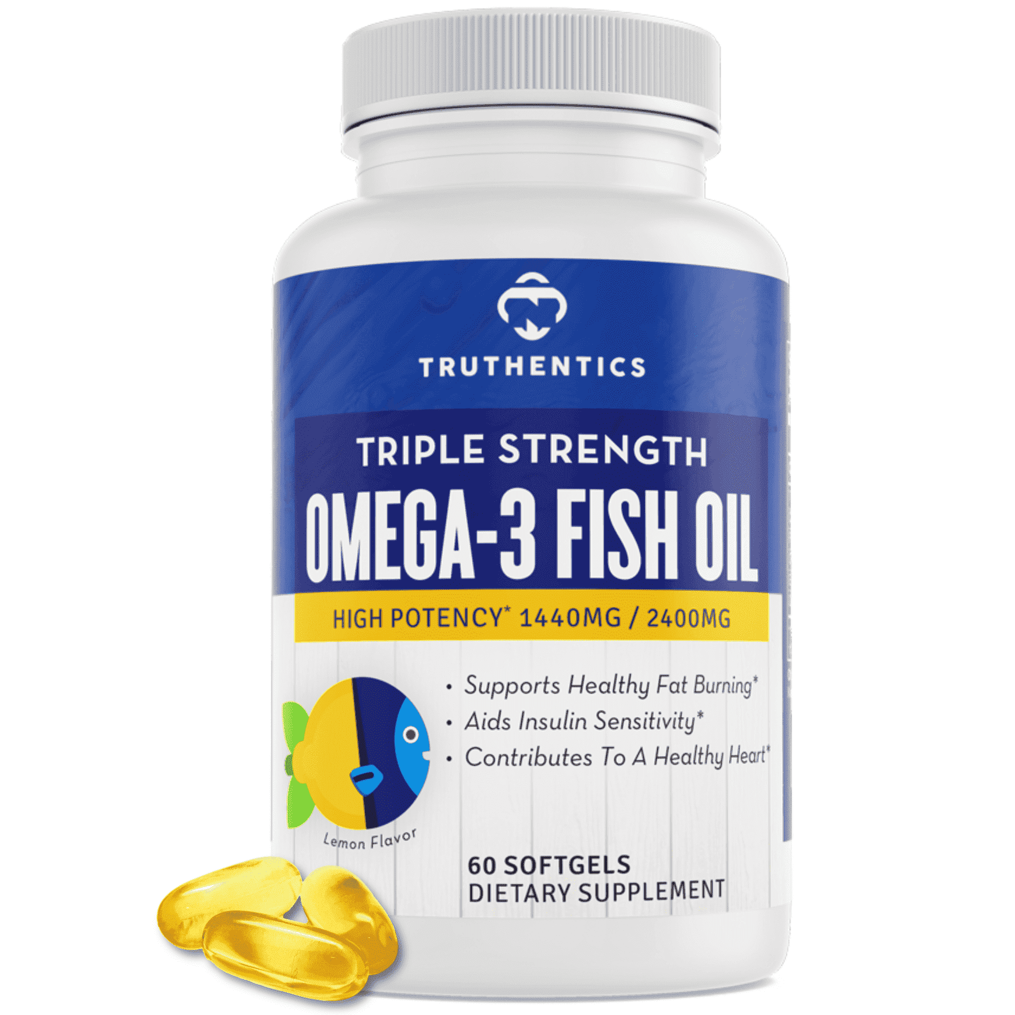 Truthentics Omega 3 Fish Oil 2400 mg - Triple Strength - 100% Pure - Sea-Harvested - High EPA DHA Omega Fatty Acids - 60 Lemon Softgels