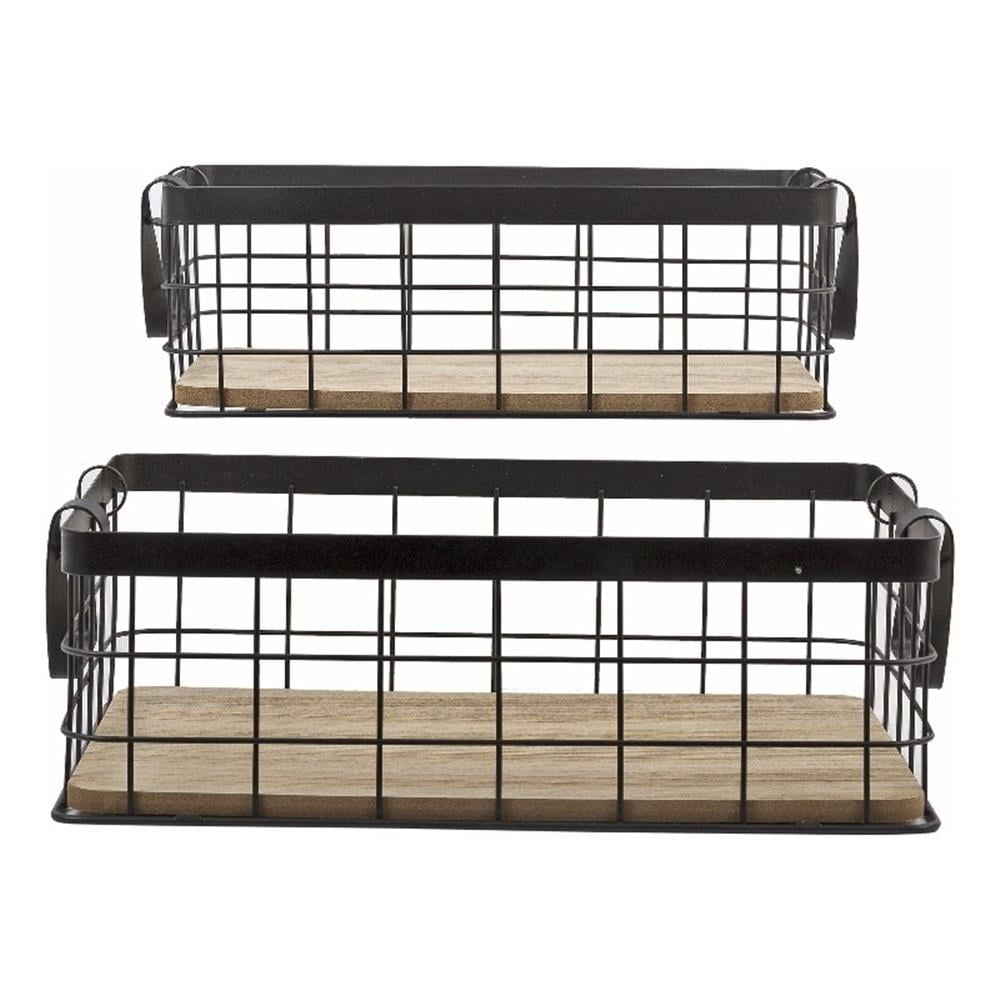 Truu Design Set of 2 Black Metal Square Baskets with Wood Bottom