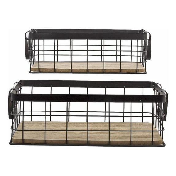 Truu Design Set of 2 Black Metal Square Baskets with Wood Bottom