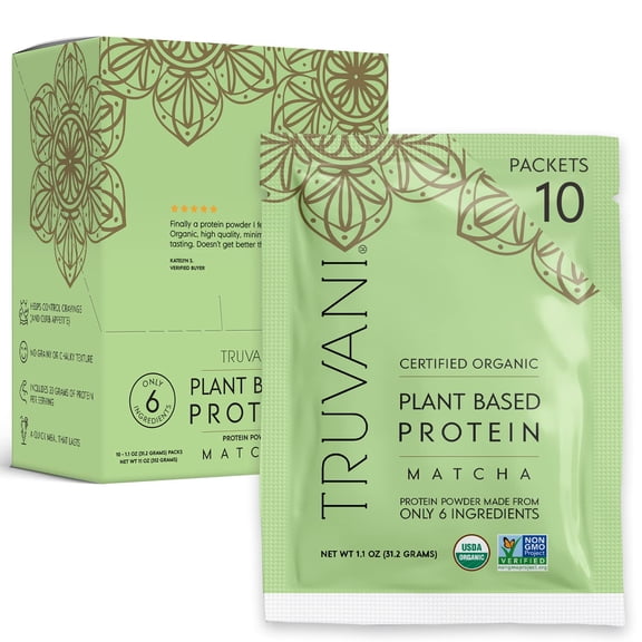 Truvani Vegan Pea Protein Powder | Matcha | 20g Organic Plant Based Protein | 10 Travel Packets | Keto | Gluten & Dairy Free | Low Carb | No Added Sugar