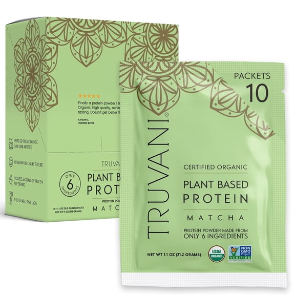 Truvani Vegan Pea Protein Powder | Matcha | 20g Organic Plant Based Protein | 10 Travel Packets | Keto | Gluten & Dairy Free | Low Carb | No Added Sugar