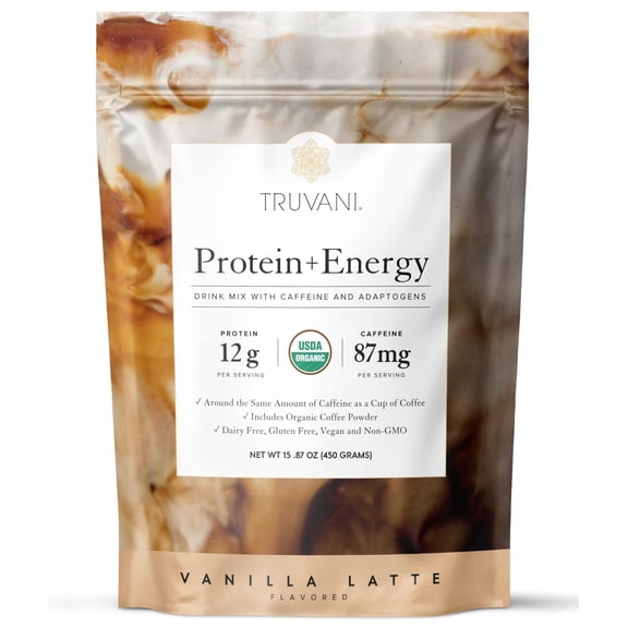 Truvani Protein + Energy Drink Mix with 87mg Caffeine | Vanilla Latte | 12g Organic Plant Based Protein | 20 Servings | USDA Organic Coffee Powder & Adaptogens | Gluten & Dairy Free | Vegan | Non-GMO