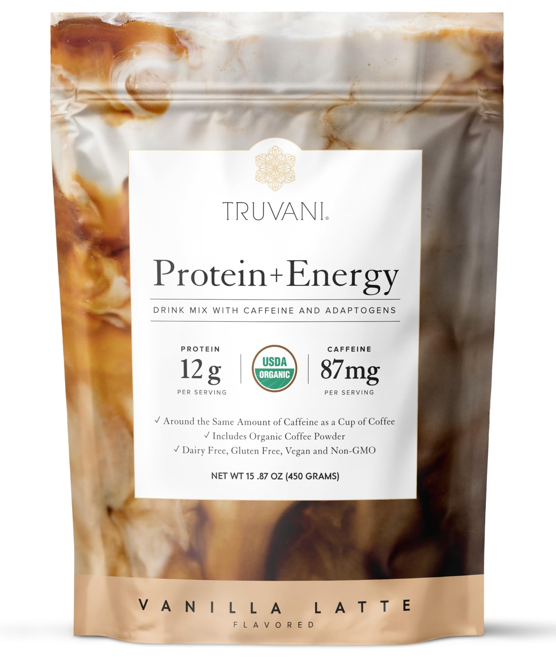Truvani Protein + Energy Drink Mix with 87mg Caffeine | Vanilla Latte | 12g Organic Plant Based Protein | 20 Servings | USDA Organic Coffee Powder & Adaptogens | Gluten & Dairy Free | Vegan | Non-GMO