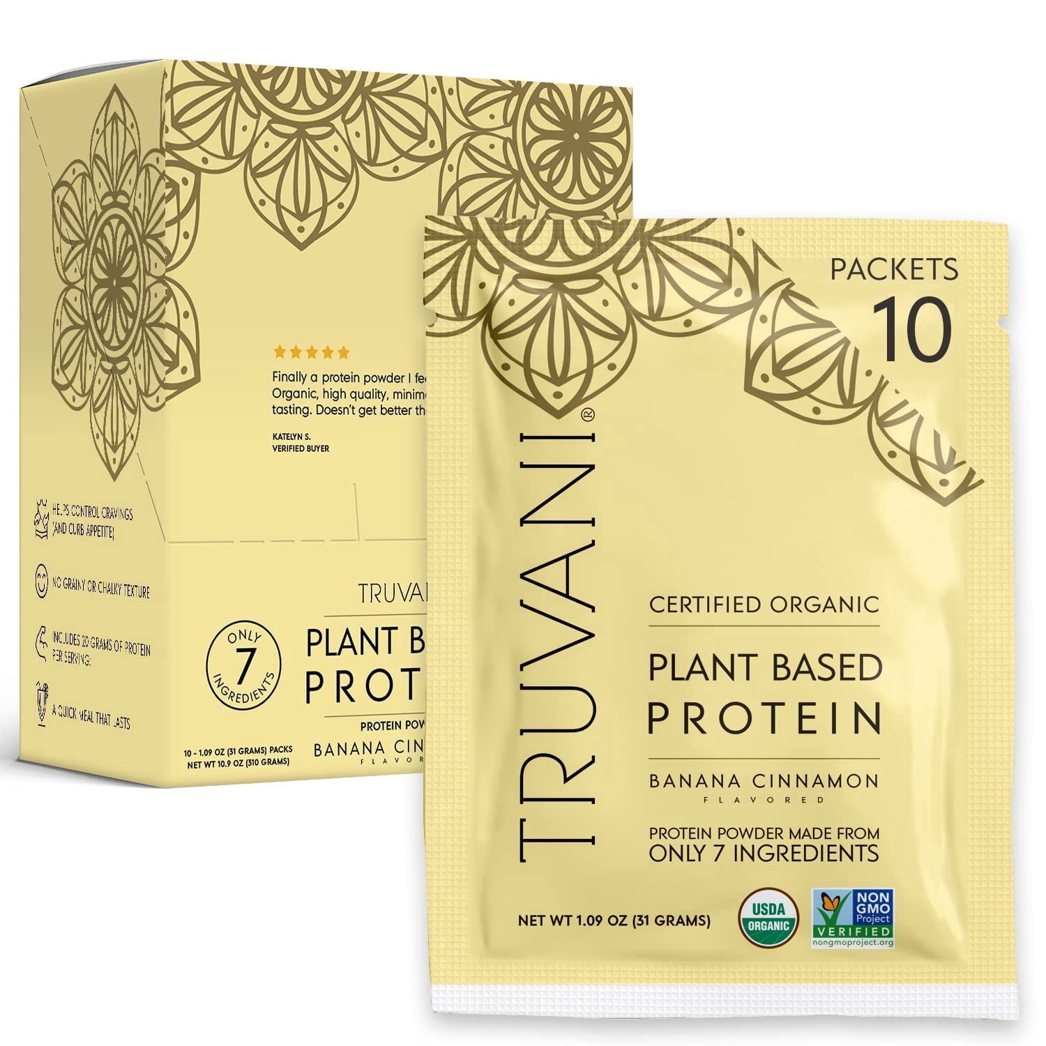 Truvani Vegan Pea Protein Powder | Banana Cinnamon | 20g Organic Plant Based Protein | 10 Travel Packets | Keto | Gluten & Dairy Free | Low Carb | No Added Sugar