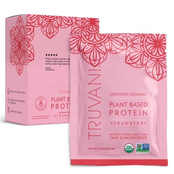 Truvani Vegan Pea Protein Powder | Strawberry | 20g Organic Plant Based Protein | 11 Travel Packets | Keto | Gluten & Dairy Free | Low Carb | No Added Sugar
