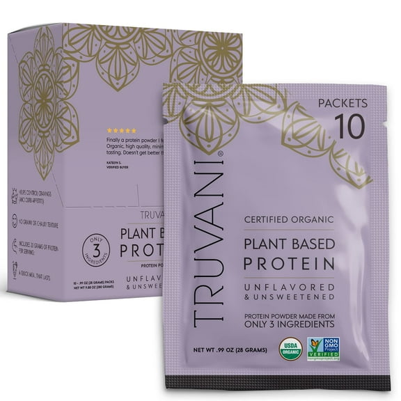 Truvani Vegan Pea Protein Powder | Unflavored | 20g Organic Plant Based Protein | 10 Travel Packets | Keto | Gluten & Dairy Free | Low Carb | No Added Sugar
