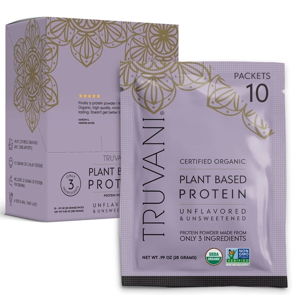 Truvani Vegan Pea Protein Powder | Unflavored | 20g Organic Plant Based Protein | 10 Travel Packets | Keto | Gluten & Dairy Free | Low Carb | No Added Sugar