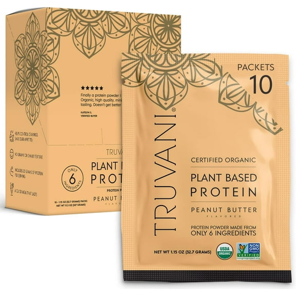 Truvani Vegan Pea Protein Powder | Peanut Butter | 20g Organic Plant Based Protein | 10 Travel Packets | Keto | Gluten & Dairy Free | Low Carb | No Added Sugar