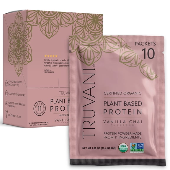 Truvani Vegan Pea Protein Powder | Vanilla Chai | 20g Organic Plant Based Protein | 10 Travel Packets | Keto | Gluten & Dairy Free | Low Carb | No Added Sugar