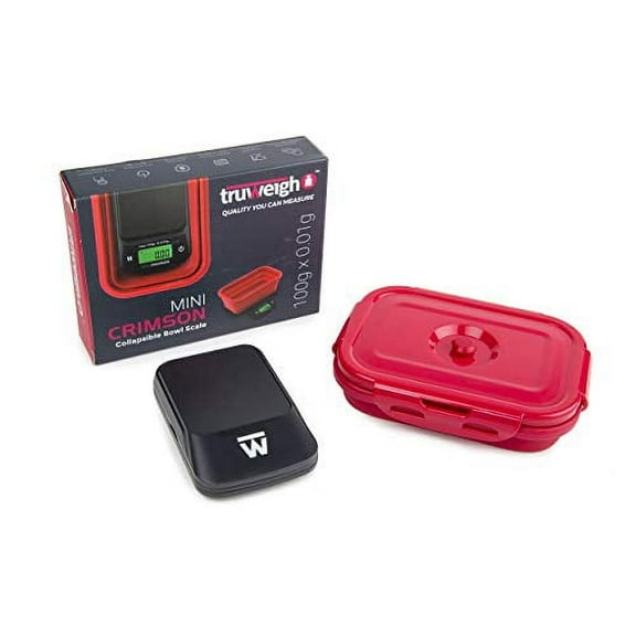 Truweigh Mini Crimson Digital Scale - (100g x 0.01g Black/Red) -Digital Kitchen Scale with Bowl - Digital Travel Scale - Portable Food Scale - Meal Prep Weight Scale - Digital Gram Scale