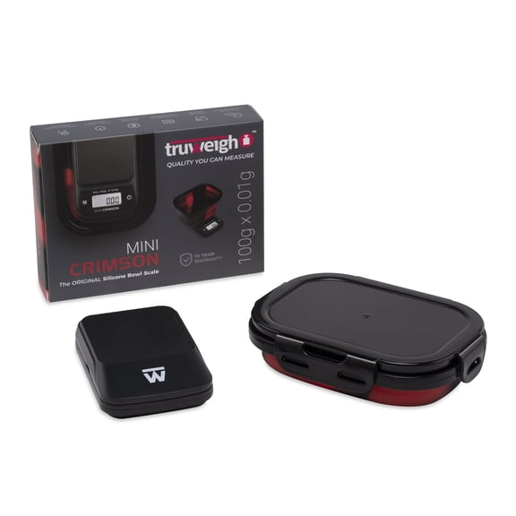 Truweigh Mini Crimson Digital Scale (100g X 0.01g Red/Black) - Digital Kitchen Scale with Bowl - Portable Food Scale - Meal Prep Scale