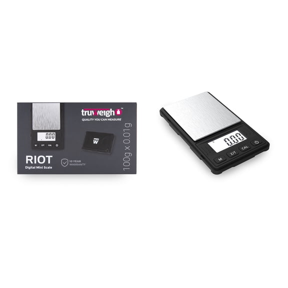 Truweigh RIOT Digital Mini Scale - (100g x 0.01g - Black) - Digital Food Scale - Digital Kitchen Scale - Small Digital Pocket Scale - Jewelry Scale - Travel Digital Gram Scale - Meal Prep Scale
