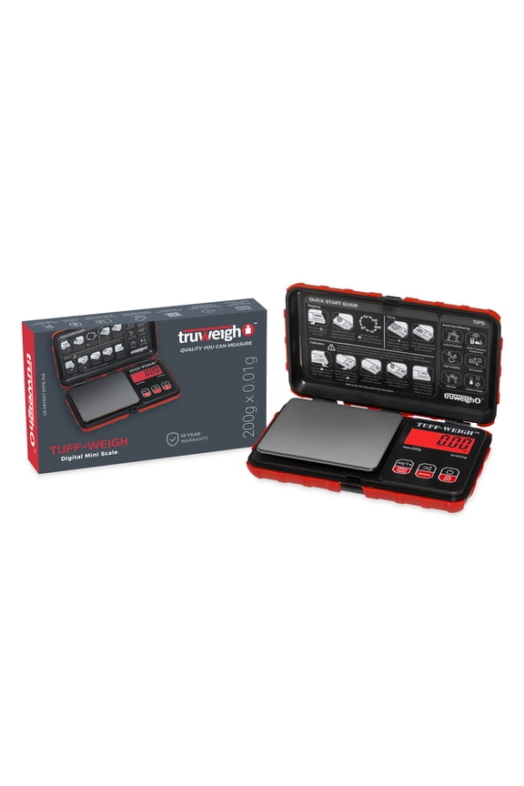 TUFFWEIGH Digital Mini Scale (200g x 0.01g - Black/Red) - Rubberized Impact Resistant Digital Scale - Travel Pocket Scale