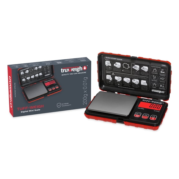 Truweigh TUFFWEIGH Digital Mini Scale (200g x 0.01g - Black/Red) - Rubberized Impact Resistant Digital Scale - Travel Pocket Scale