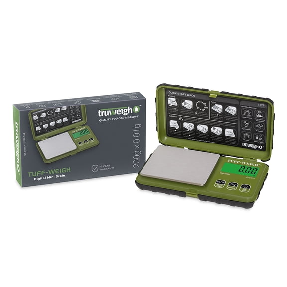 Truweigh TUFFWEIGH Digital Mini Scale (200g x 0.01g - Green/Black) - Rubberized Impact Resistant Digital Scale - Travel Pocket Scale