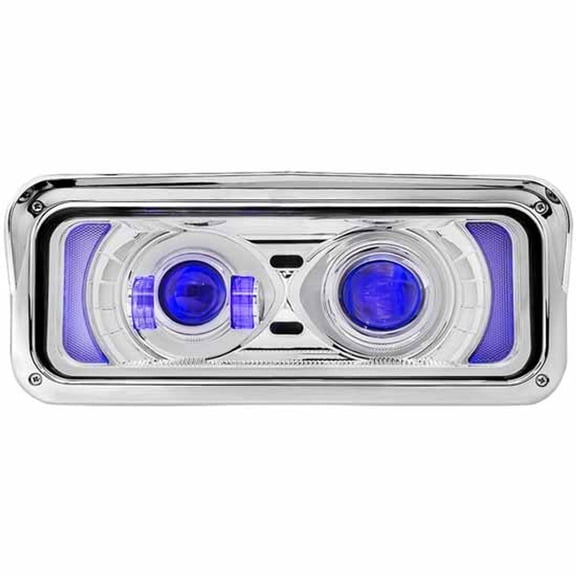 Trux Chrome LED Projector Headlight Assembly W/ Bezel, Visor & Blue Backlit Auxiliary - Passenger Side For Peterbilt, Kenworth, Freightliner Classic, Western Star