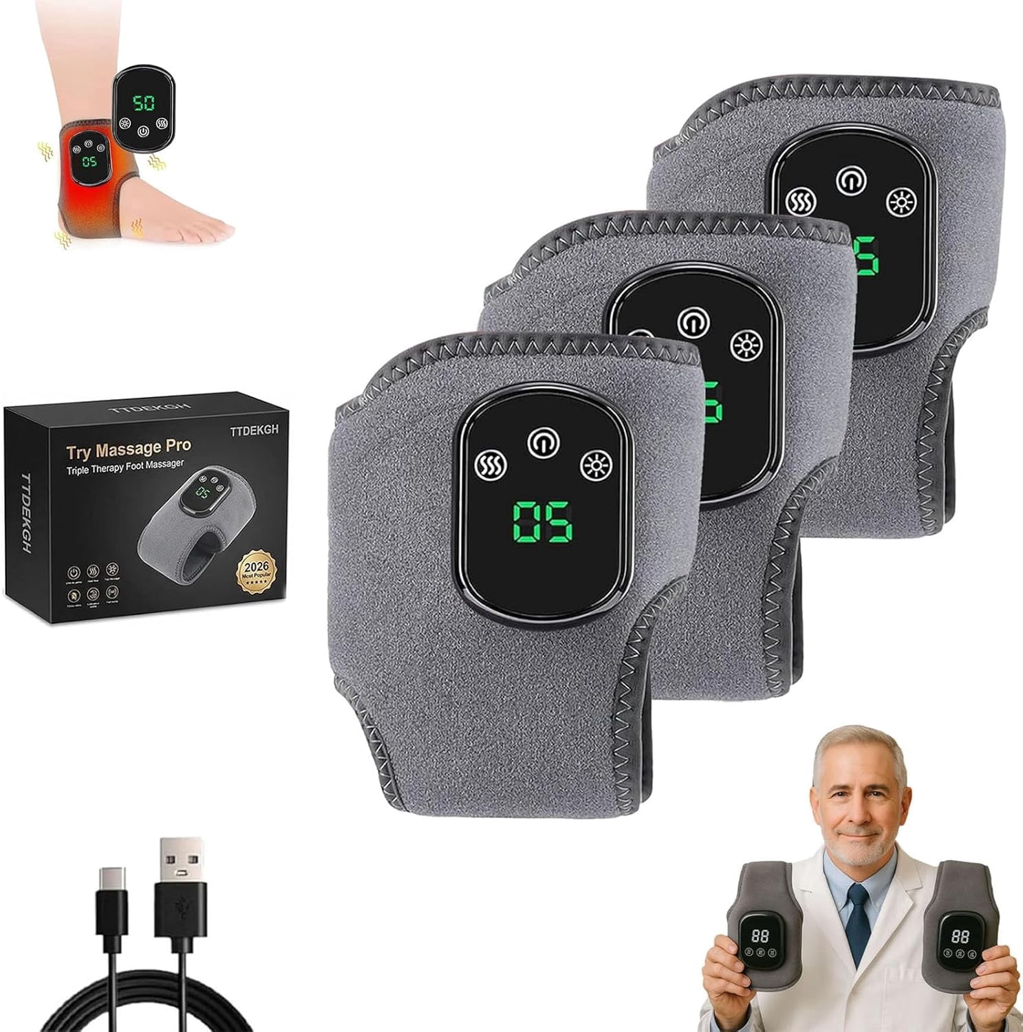 Try Massager Pro Foot Massage, Triple Therapy Foot Massager, Wireless Portable Foot Massag, Smart Timer, Touch Screen, with 5 Heat & 3 Vibration Mode for Home/Office/Travel (3 PCS)