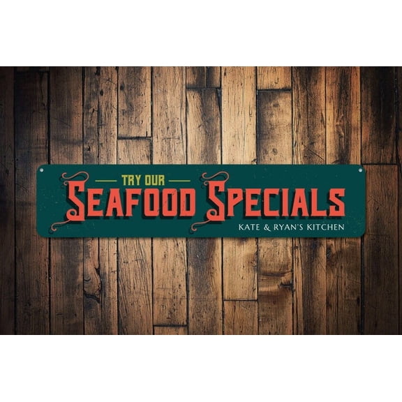 Try Our Seafood Specials Sign Chef Name Kitchen Sign Custom Restaurant Sign Beach House Decor - Seafoods - Size: 16 x 4 Inches