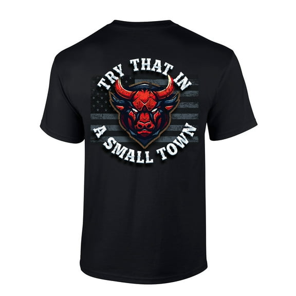 Try That In A Small Town Country Music Bull Skull Back Print Flag Sleeve Mens Short Sleeve T-shirt Graphic Tee-Black-small