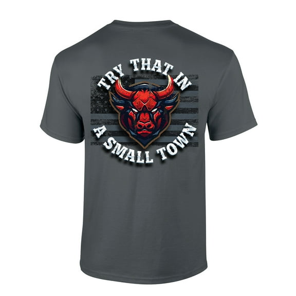 Try That In A Small Town Country Music Bull Skull Back Print Flag Sleeve Mens Short Sleeve T-shirt Graphic Tee-Charcoal-medium
