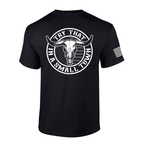 Try That In A Small Town Country Music Circle Skull Back Print Flag Sleeve Mens Short Sleeve T-shirt Graphic Tee-Black-xxl