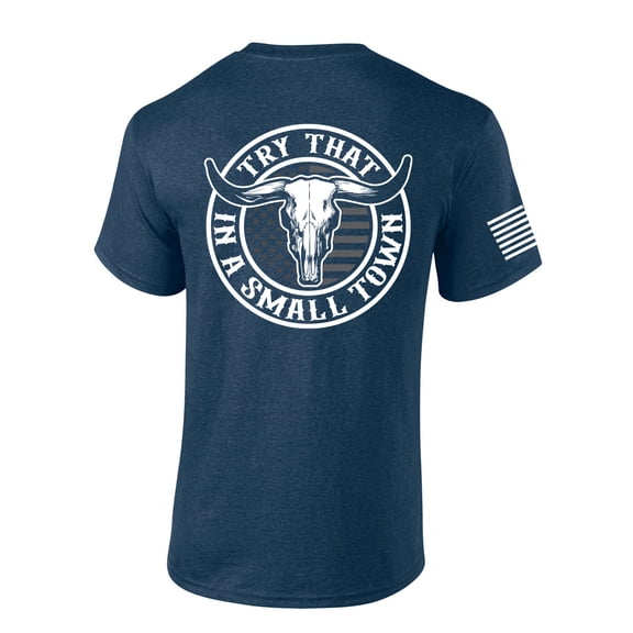 Try That In A Small Town Country Music Circle Skull Back Print Flag Sleeve Mens Short Sleeve T-shirt Graphic Tee-Heather Navy-xxl