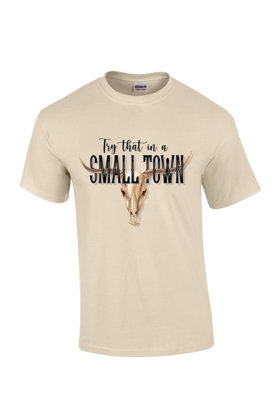 Try That In A Small Town Cow Skull Country Music Mens Short Sleeve T-shirt Graphic Tee-Tan-medium
