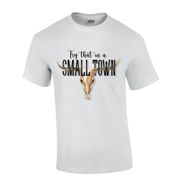Try That In A Small Town Cow Skull Country Music Mens Short Sleeve T-shirt Graphic Tee-White-large