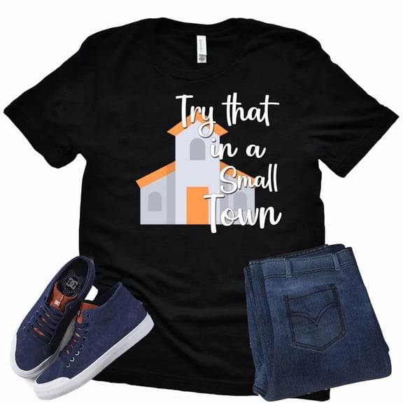 Try That in A Small Town Hall Country Music Mens Short Sleeve T-Shirt Graphic Tee (Black-Large)
