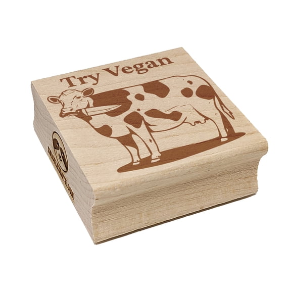 Try Vegan Cow with Knife Square Rubber Stamp Stamping Scrapbooking Crafting - Medium 1.75in