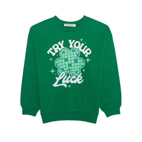 Try Your Luck Graphic Fleece Pullover with Long Sleeves, Womens Plus Size