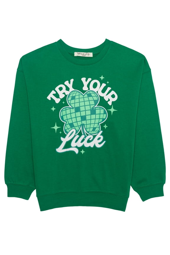 Try Your Luck Graphic Fleece Pullover with Long Sleeves, Womens Plus Size