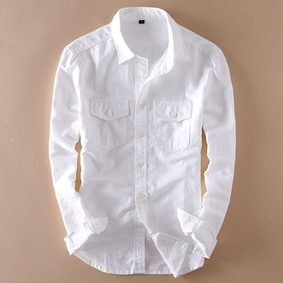 Trybuy Exclusive Double Pocket White Casual Linen Long Sleeve Shirt for Men, Slim Fit - Sizes XL
