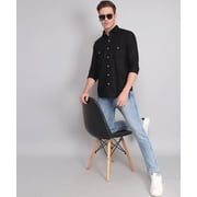 TryBuy Premium Black Solid Cotton Linen Casual Double Pocket Shirt for Men
