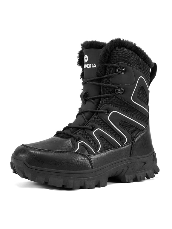 Men's Snow Boots Warm Insulated Faux Fur Lined Mid Calf Outdoor Waterproof Winter Boots, Black