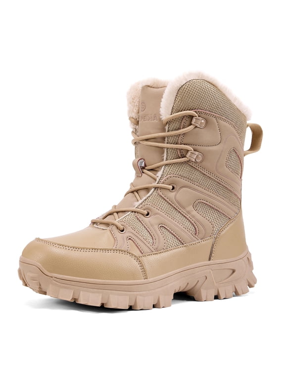Winter Boots Men Waterproof Insulated Warm Faux Fur Inner Outdoor Snow Boots for Men, Wheat