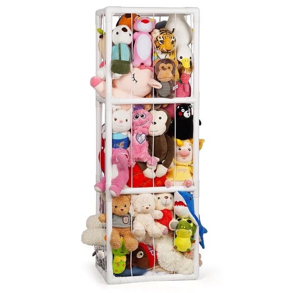 Stuffed Animal Zoo Storage Pre-Assemble PVC Toy Storage Organizer with Elastic Band and Net, Stuffed Animal Holder Space Saver for Playroom Bedroom Nursery, White
