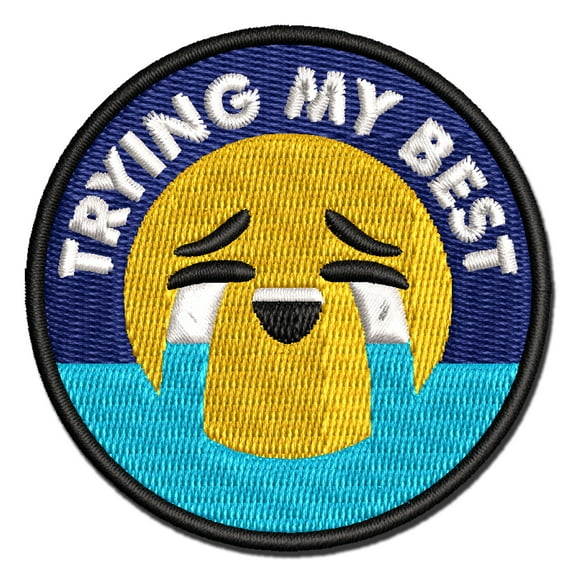 Trying My Best Crying Face Applique Multi-Color Embroidered Iron-On Patch - 2.0 Inch Mini