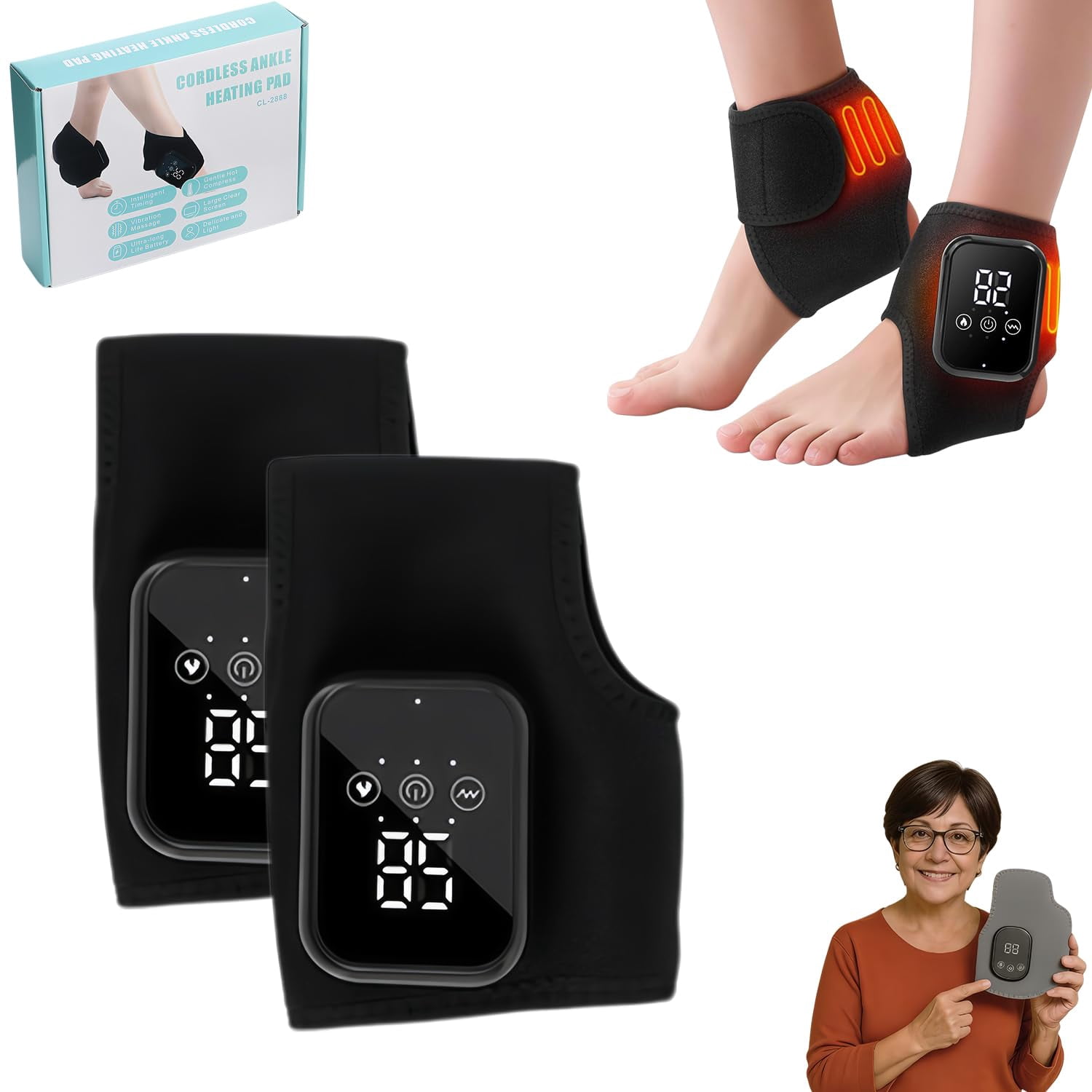 Trymassagerpro for Feet, Foot Massager with 3 Heat & 3 Vibration Modes, Triple Method Ankle Wrap for Muscle Tension Relief, Portable Rechargeable Device for Home Office Travel (Black*2)