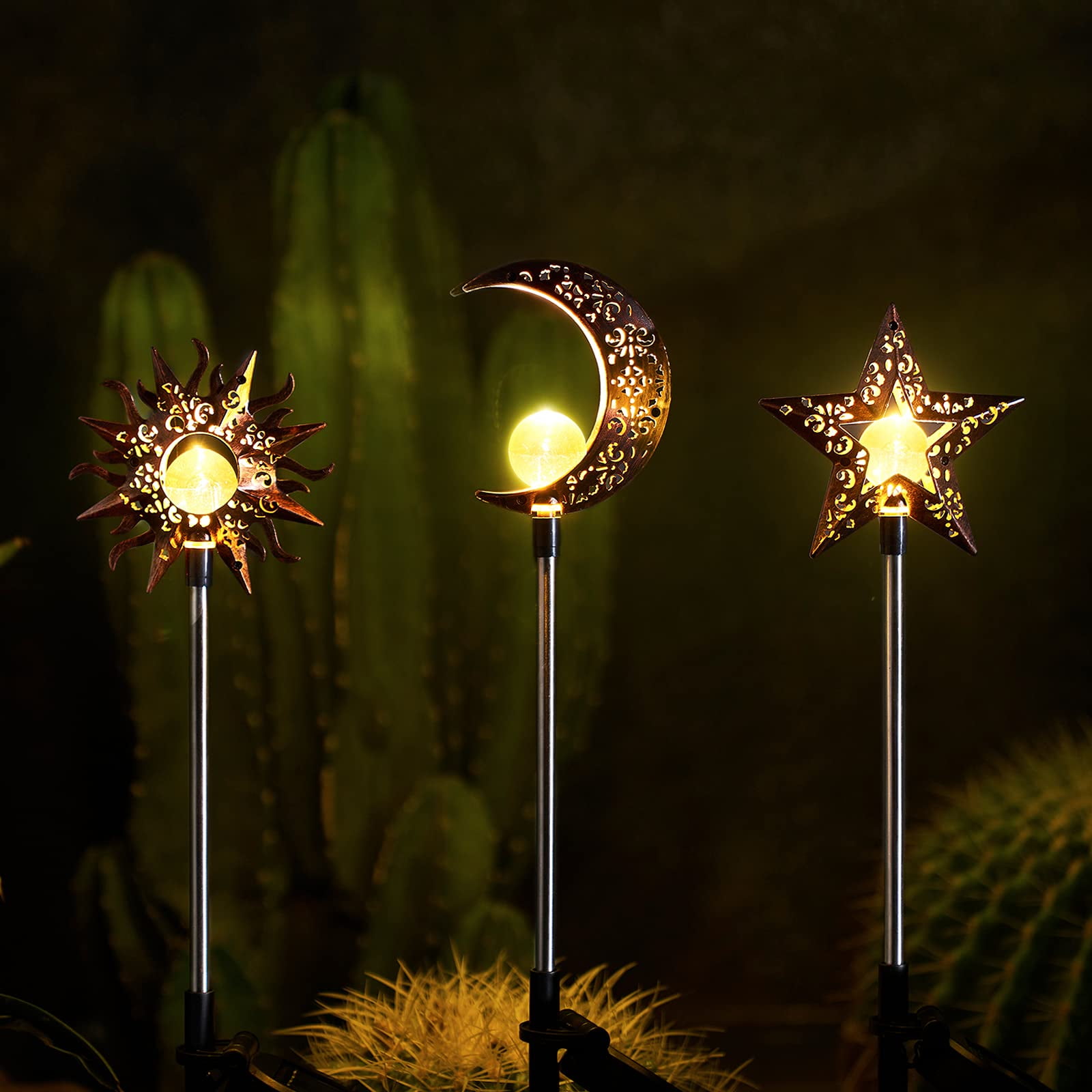 Solar Powered Sun Moon Star LED Pathway Lights Trio