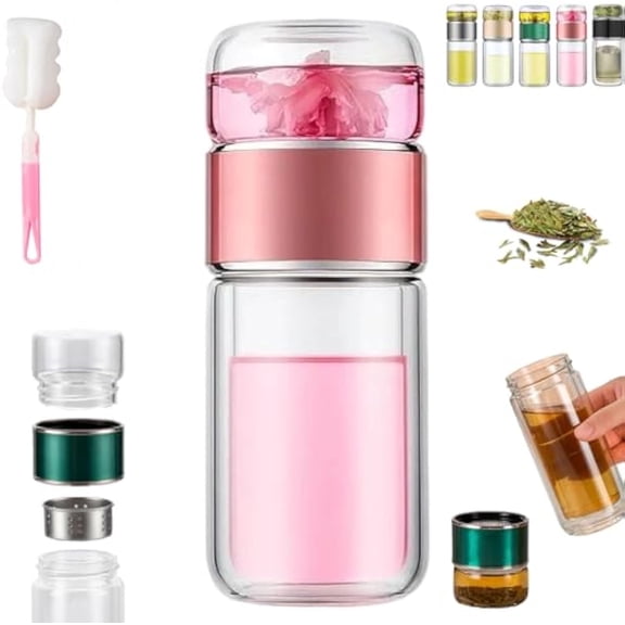 Tryteava Glass Infuser, 3-in-1 Smart Tea Infuser, Double Wall High Borosilicate Glass, Portable Insulated Leak Proof Tea Water Separating Bottle, Gift for Dad and Mom (Pink, 280ml (9.5oz))