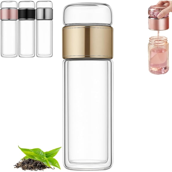 Tryteava Glass Infuser , 3-in-1 Smart Tea Infuser with Stainless Steel Filter , Double-Walled Insulated Bottle for Loose Leaf Tea , Perfect Gift for Tea Lovers (Golden)