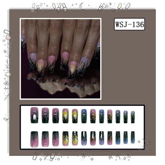 Tryvkinvive 24PCS Halloween Decoration Spooky Long Press On Nails Dead Tree Pattern Gradient False Nails Reusable Fake Nails for Halloween Gothic Party