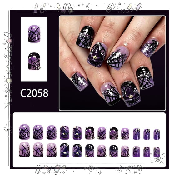 Tryvkinvive 24PCS Halloween Spooky Short Square Press On Nails Witch Hat Spider Web Pattern Glitter False Nails Reusable Fake Nails for Halloween